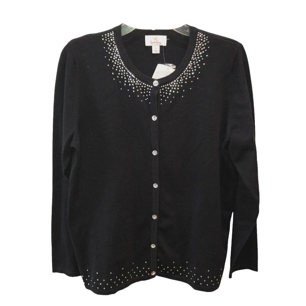 New Quacker Factory Womens Small Black Rhinestones Button Up Sweater Cardigan S